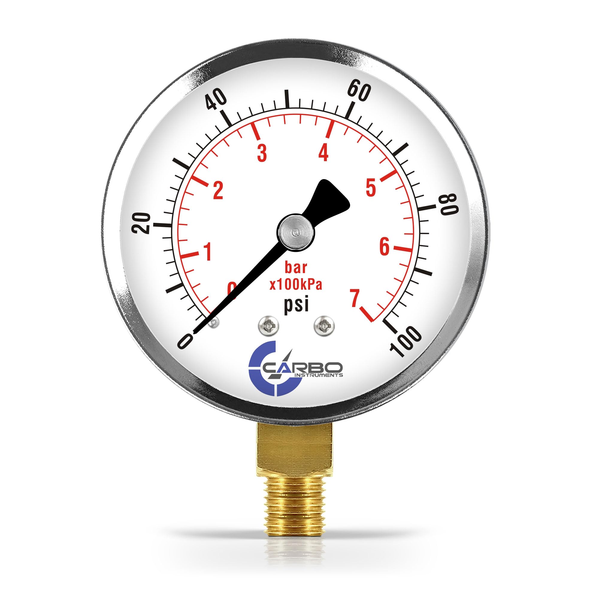 CARBO Instruments 2-1/2" Pressure Gauge, Chrome Plated Steel Case, Dry, 0-100 psi/kPa, Lower Mount 1/4" NPT