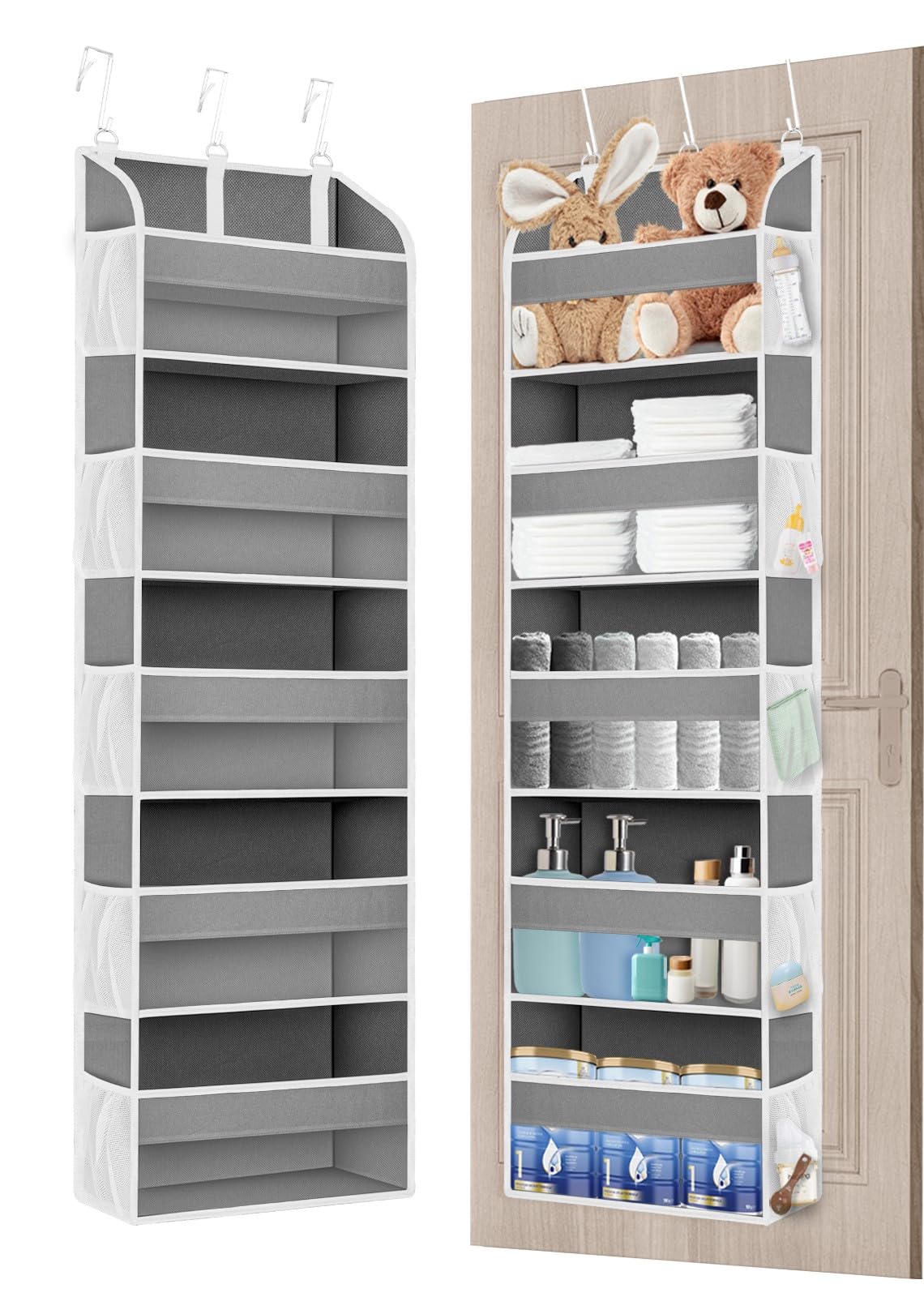 TAHAVICE Baby Over Door Storage with 5 Pockets, Hanging Storage with Hooks, Back of Door Storage for Bedroom, Bathroom, Nursery, Baby Essentials for Newborn (Light Grey)