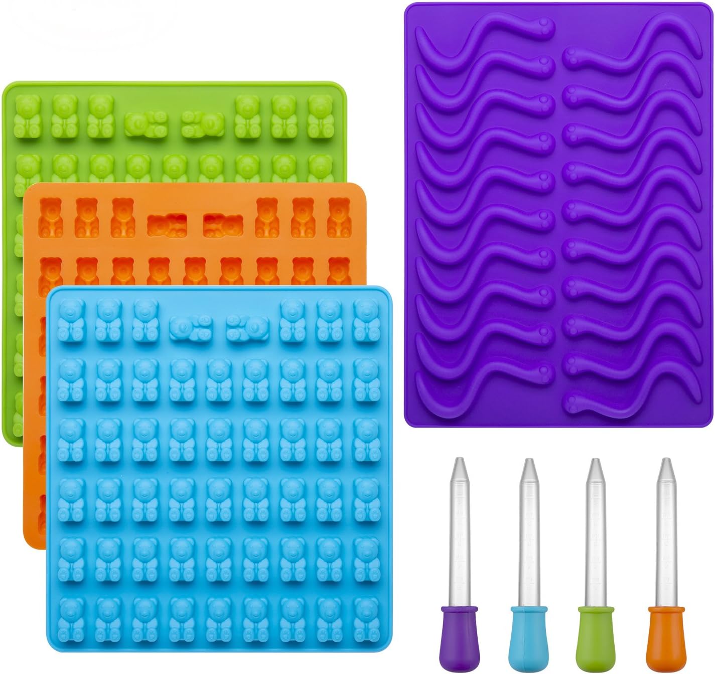 WARMWIND Silicone Gummy Bear Worm Molds, Non-Stick Candy Molds, FDA-Approved Chocolate, Jelly Molds, Dishwasher Safe, 4 Bonus Droppers, Blue, Orange, Green, Purple(Set of 4)