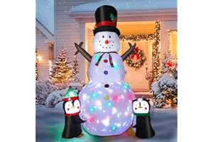 WOTHFAV 8FT Christmas Inflatable Snowman Outdoor Decorations, Christmas Blow up Snowman with Two Penguins Decoration, Built-in Colorful Rotating Lights for Holiday Xmas Party Lawn Yard Garden