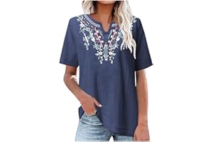 YARDSONG Linen Shirts for Women Trendy Embroidery Notch V Neck Summer Tops Short Sleeve Dressy Casual Loose Fit Blouses