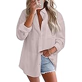 Astylish Women 2026 Loose Fit Tops Cotton Linen Button Down Shirts Collared Roll Up Long Sleeve V Neck Blouses