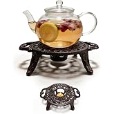 Cast Iron Teapot Warmer, Round Tea Warmer with Double Eared Design &amp; Tealight Holder, Heavy Duty Trivet for Heating Tea Coffee Milk, Vintage Rustic Decorative Stand for Teapots Cups Dishes