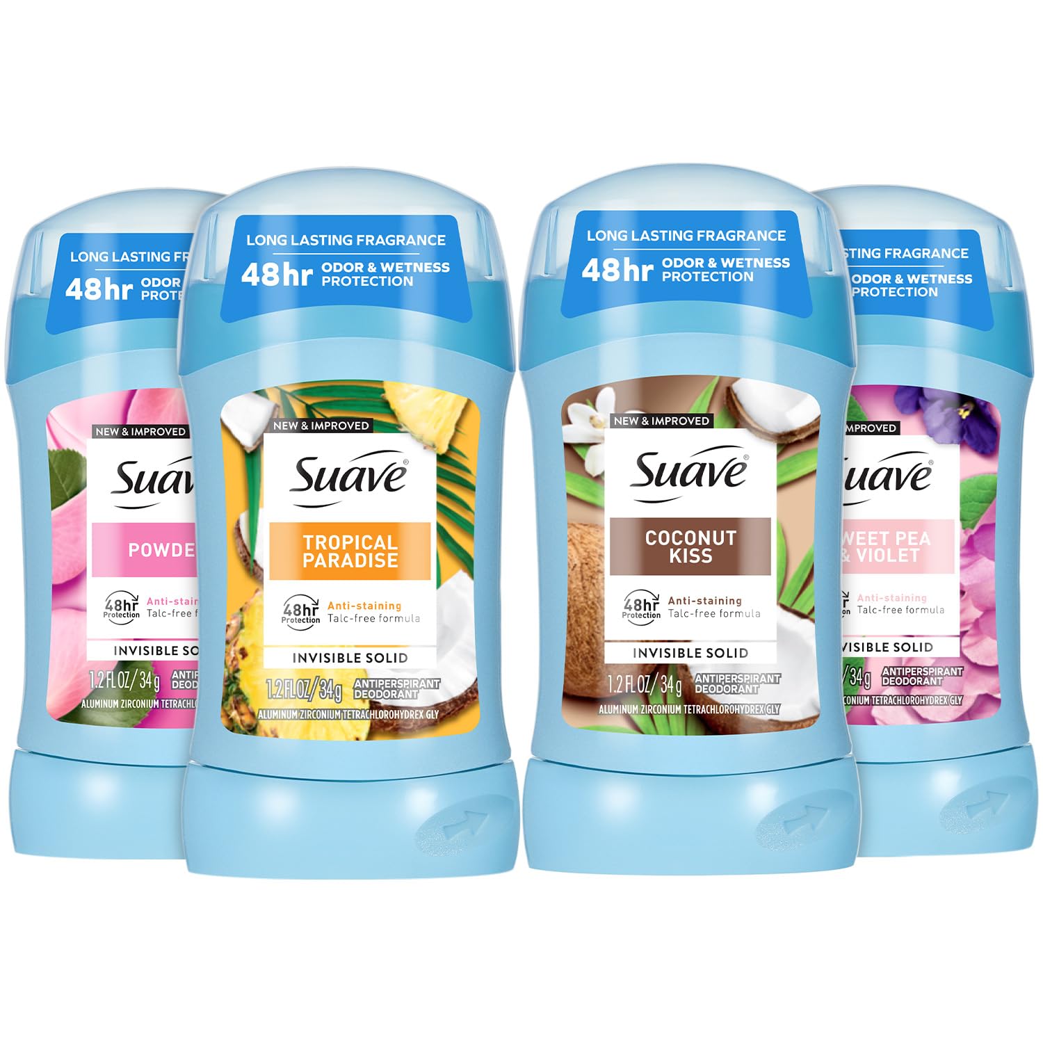 Suave Antiperspirant Deodorant for Women Variety 4-Pack – Powder, Tropical Paradise, Coconut Kiss, Sweet Pea & Violet, Anti-Staining Invisible Solid, Talc-Free, 1.2 Oz Ea