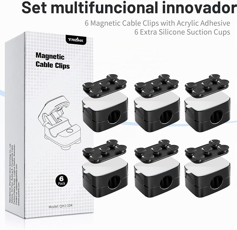 Set de 6 clips magnéticos para cables con 6 ventosas de silicona para cable management | Soporte y organizador de cables para hogar, oficina, escritorio, teléfono, coche y pared