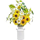 obbsie 23.5" Faux Flowers in Vase, Silk Sunflower Artificial Flowers with Metal Pot Fake Sunflowers with Vase Flowers Arrangement Centerpieces for Table Kitchen Dining Living Room Home Spring Decor