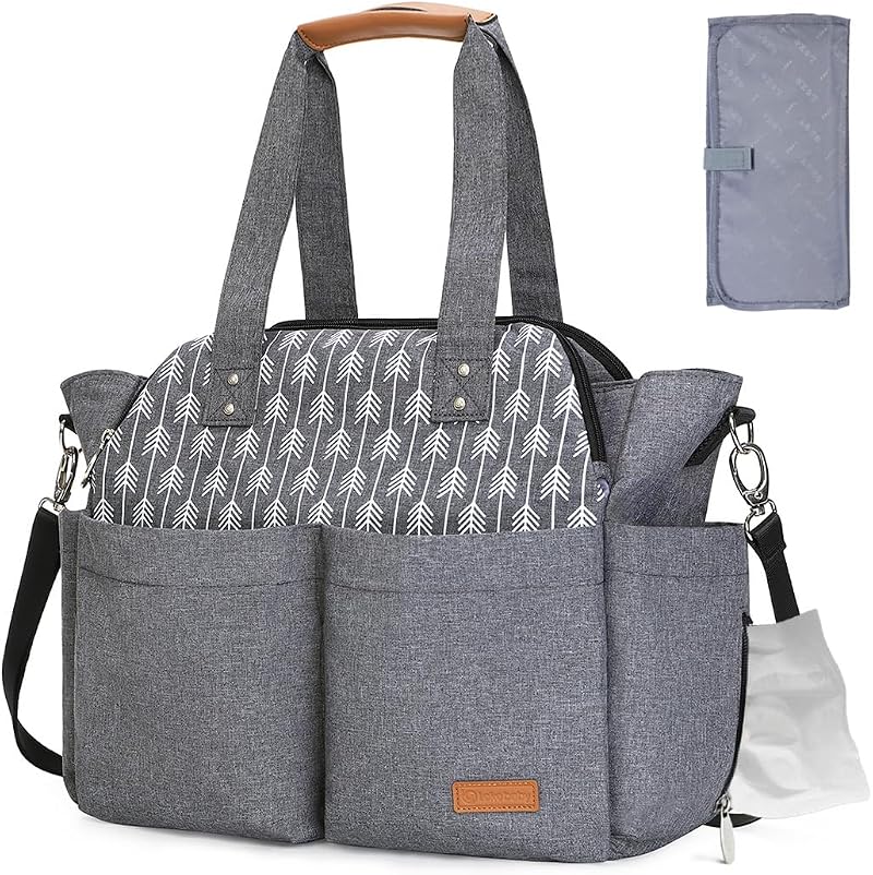 Lekebaby Nappy Changing Bag Satchel Grey Arrow Print Large Capacity