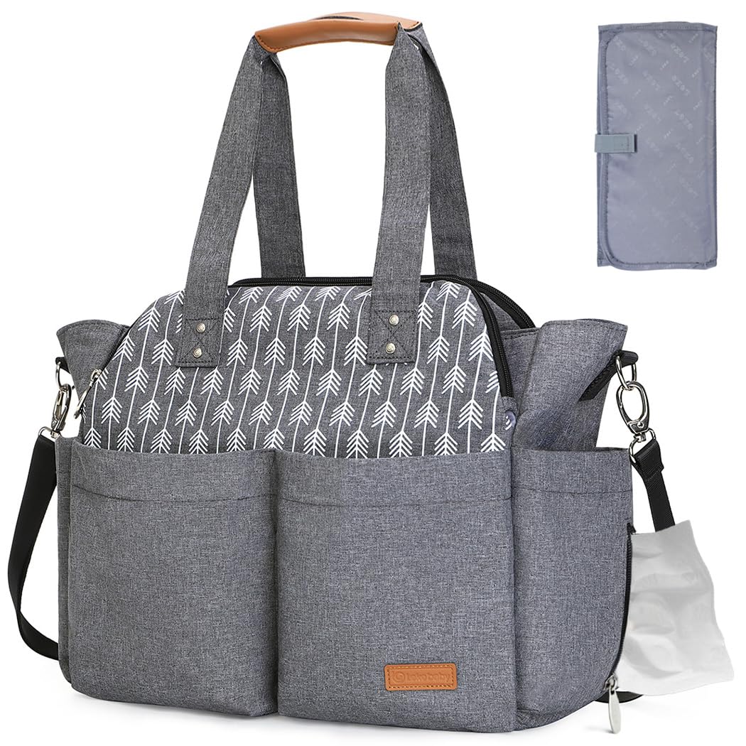 Lekebaby Baby Nappy Changing Bag Satchel Messenger Large Capacity, Arrow Print, Grey