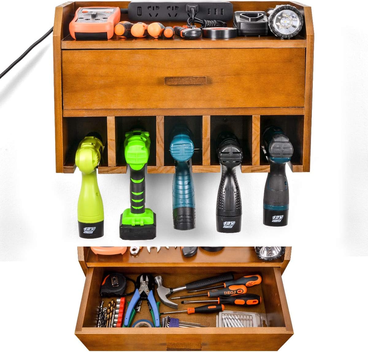 Ikkle Power Tool Organizer Storage - Garage Organizer Drill Charging Station - Wooden Cordless Drill Holder Rack Wall Mount with Drawer(Brown)
