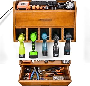 Ikkle Power Tool Organizer Storage - Garage Organizer Drill Charging Station - Wooden Cordless Drill Holder Rack Wall Mount with Drawer(Brown)
