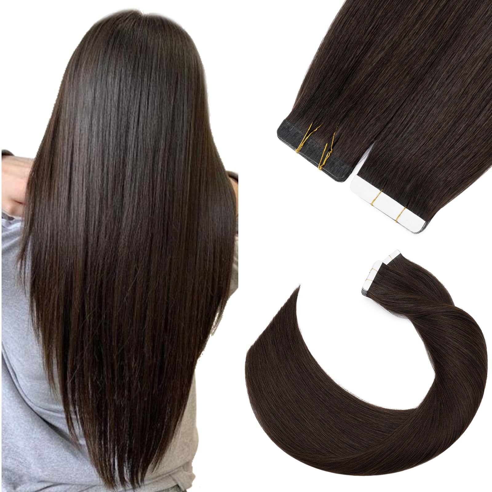 Tape in Hair Extensions Human Hair 20 Pcs #02 Dark Brown Real Remy Hair Extension Tape on 18inch Skin Weft Straight