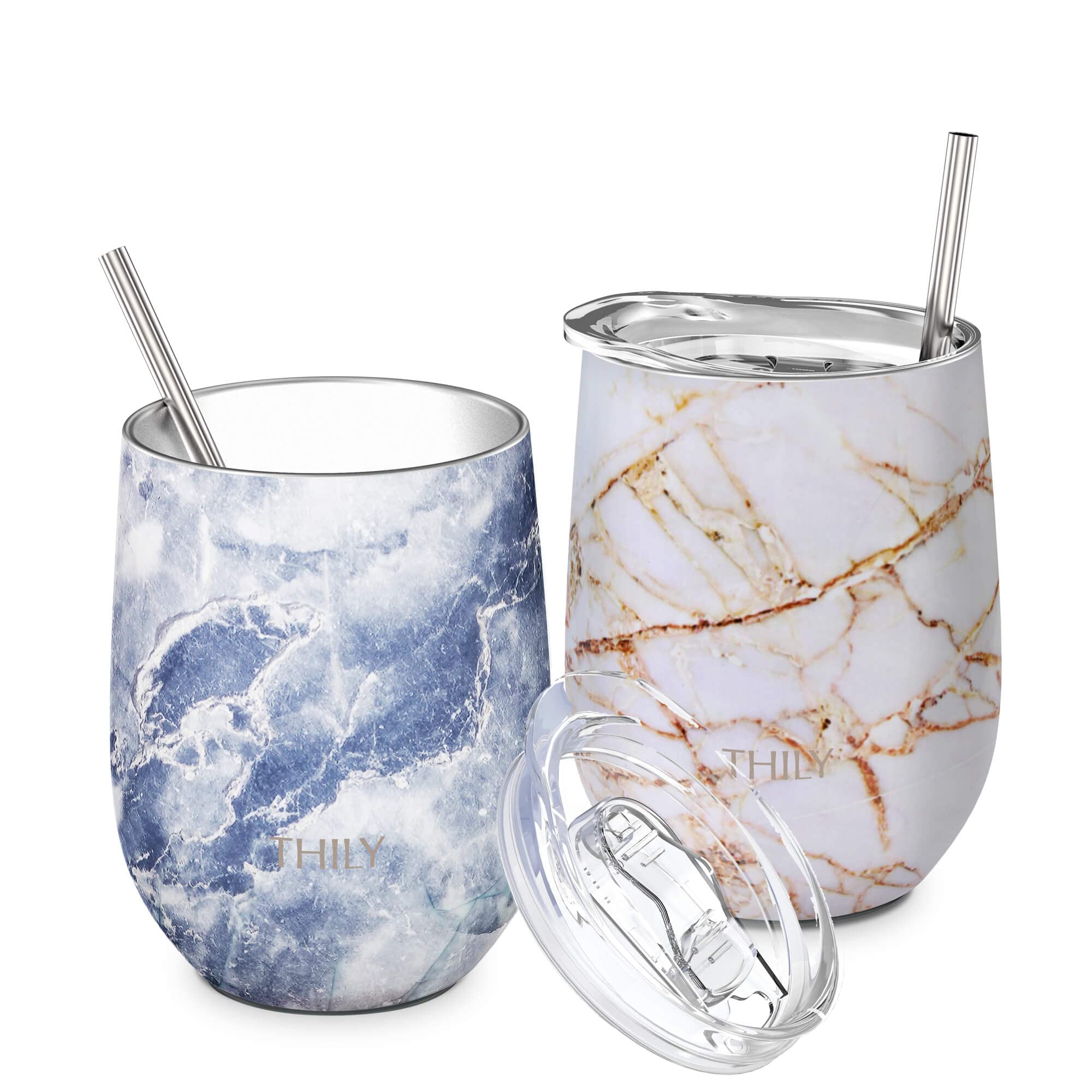 THILY Stainless Steel Insulated Wine Tumblers 350 ml Cute Travel Stemless Glasses with Sliding Lids and Metal Straws, Keep Hot or Cold for Wine, Coffee, Juice, 2 Pack(Gold Marble + Blue Marble)