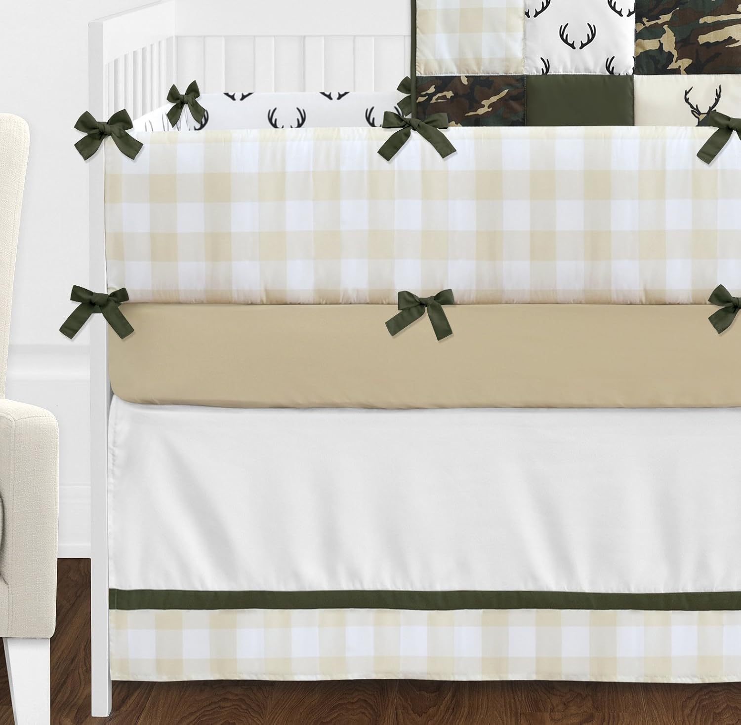 Sweet Jojo Designs Green And Beige Deer Buffalo Plaid Check Woodland Camo Baby Boy Crib Bedding Set With Bumper Rustic Camouflage 9 Pieces Baby Crib Bedding
