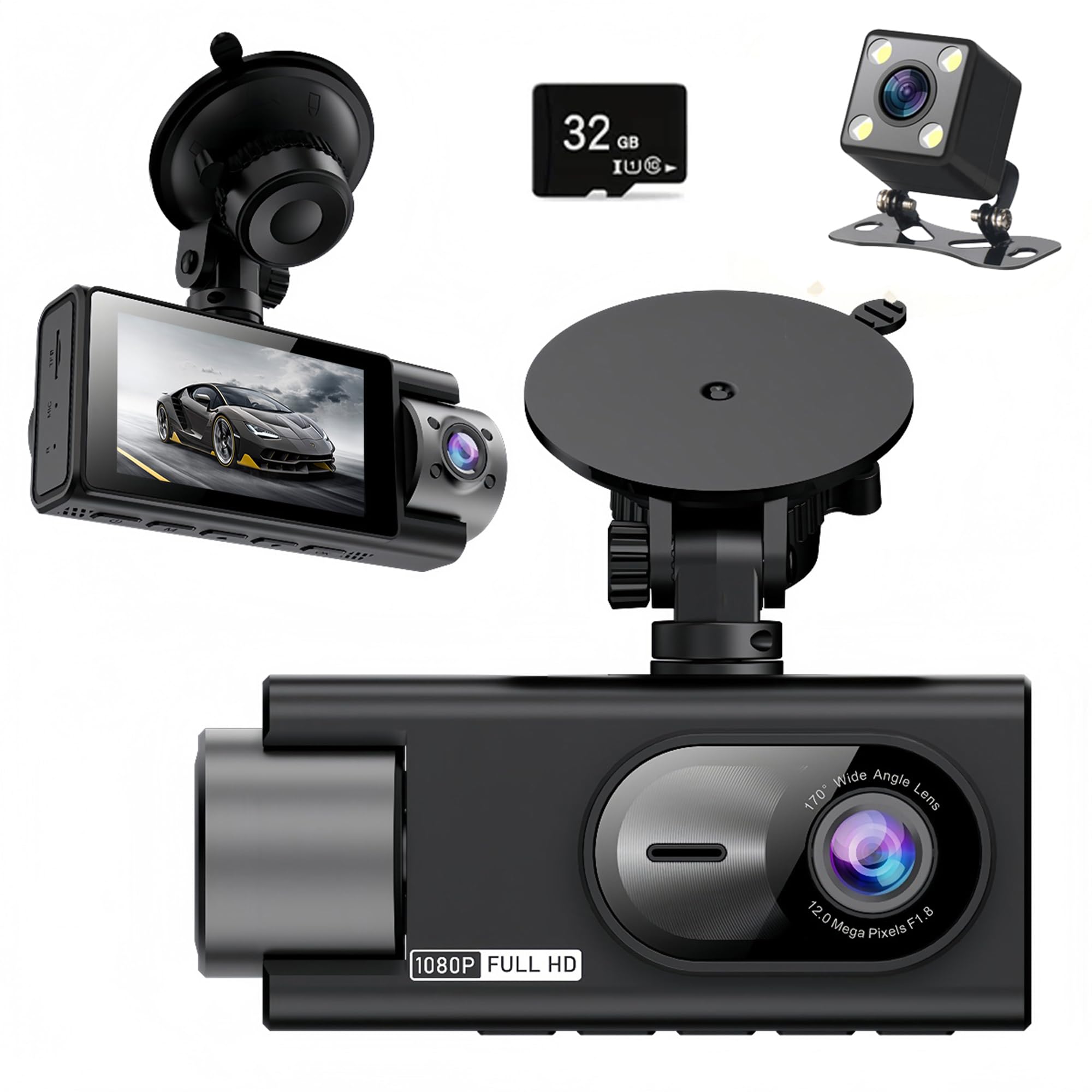 Photo 1 of 3 Channel 360 Dash Cam Front and Rear and Inside with 32G Card,1080P Dash Camera for Cars,Night Vision,3.0" IPS Screen,170° Wide Angle,Loop Recording,24H Parking Mode