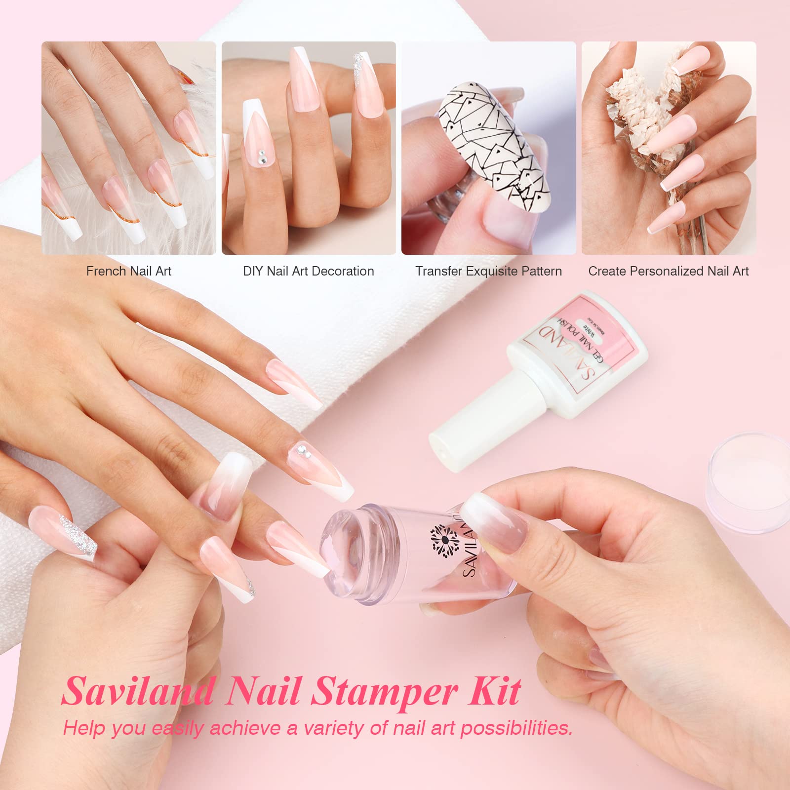 SAVILAND French Manicure Kit: French Tip Nail Stamp with White Gel Nail Polish Set, Jelly Silicone Nail Stamper Nail Stamper Kit for French Nails Home DIY Nail Salon