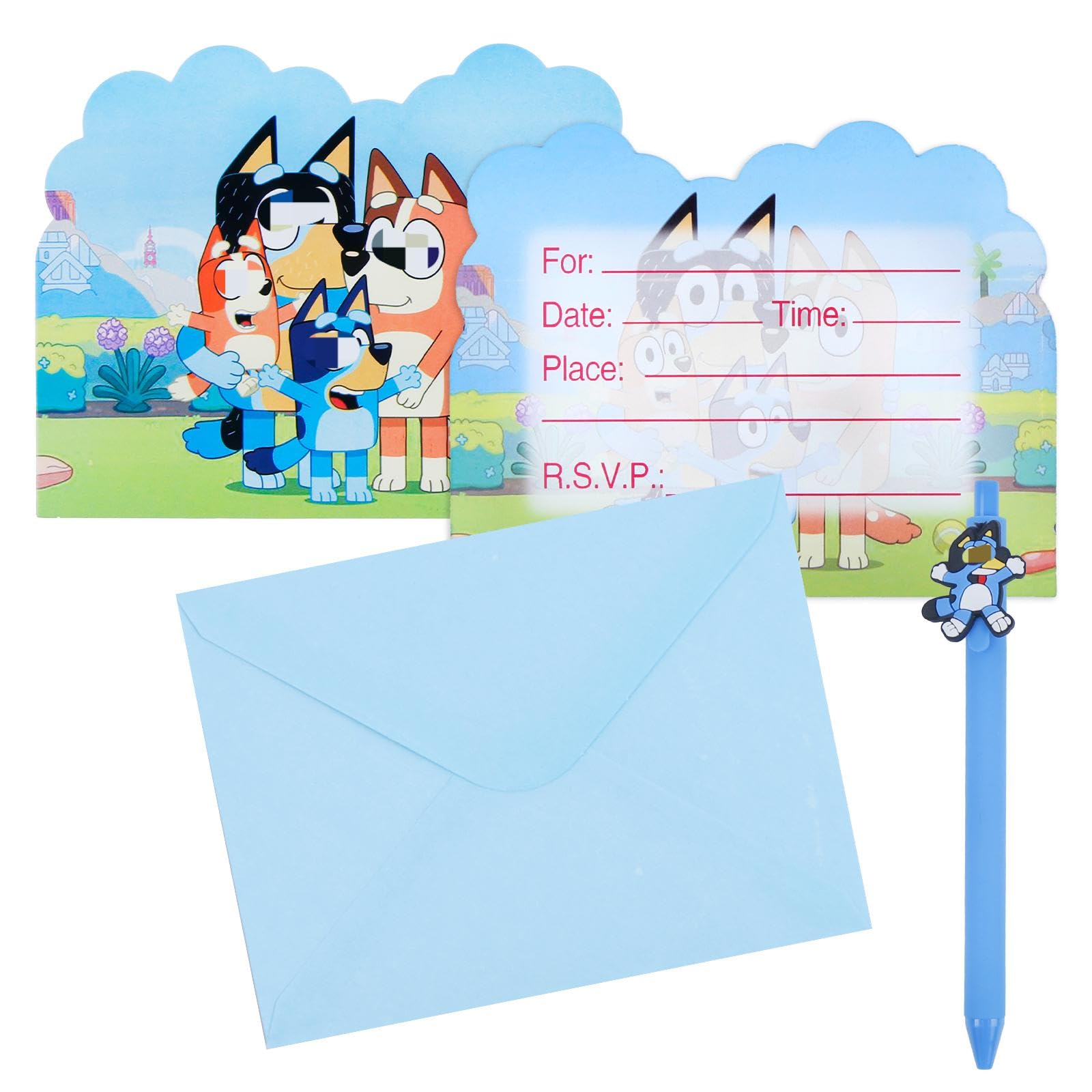 20PCS Bl-ue Party Invitations Kids+ 1Pcs Kawaii Gel Pen, Cartoon Birthday Invitations,Kids Party Invites with 20 Envelopes,Invite Cards Birthday Supplies Double Sided Invites Cards for Boys Girls