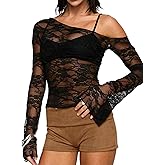 Matunana Womens Off The Shoulder Tops Lace Mesh Long Sleeve Going Out Shirts Crop Cute Y2K Fall Trendy 2026