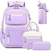 Bevalsa School Backpack for Girls, Bookpack with 14oz Insulated Water Bottle, Lunch Bag & Pen Case, Schoolbag for Kids & BPA-FREE Stainless Steel Metal Cup for Elementary Middle Student (Purple)