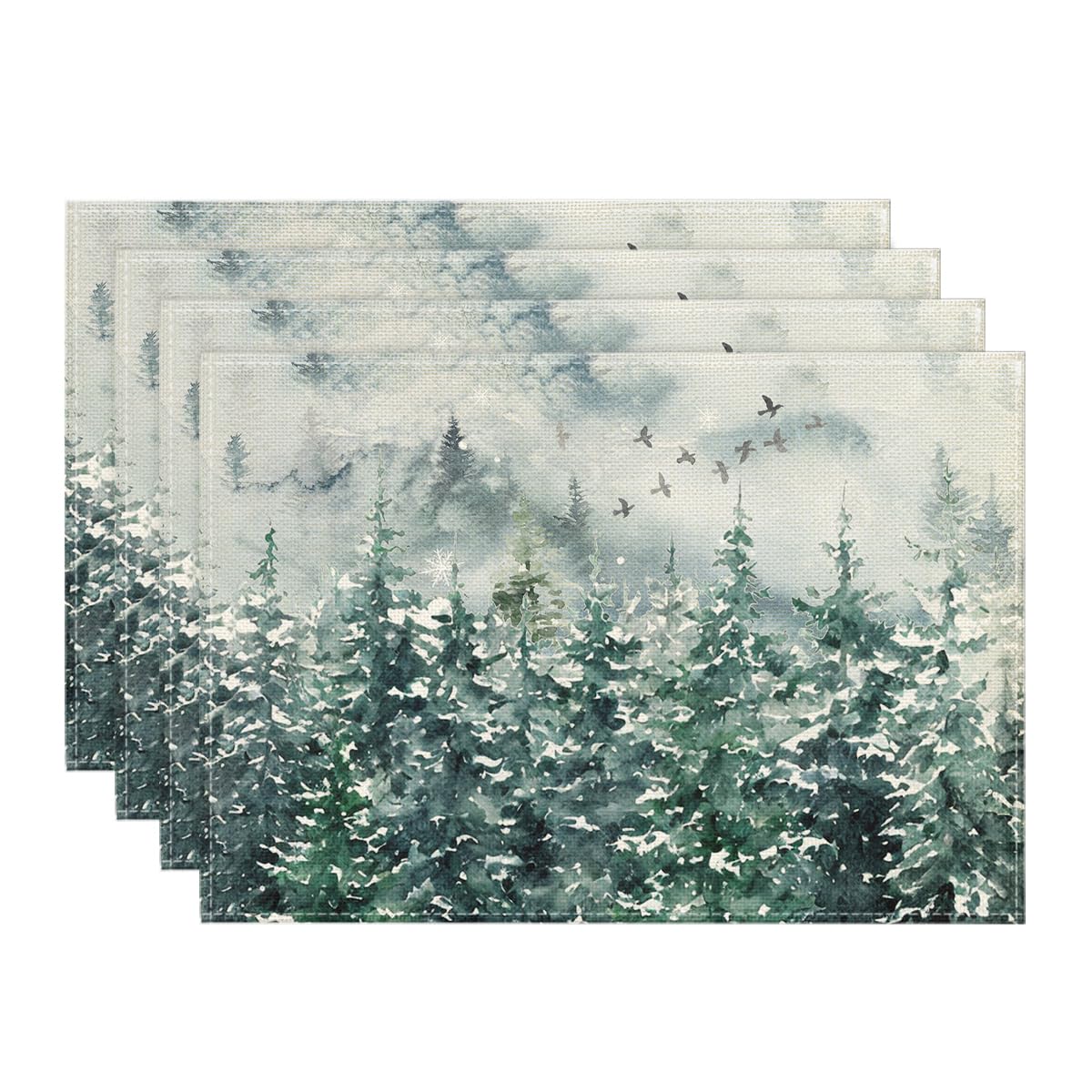 Photo 1 of (MISSING 1) Artoid Mode Green Tree Snow Christmas Placemats Set of 4, 12x18 Inch Seasonal Winter Table Mats for Party Kitchen Dining Decoration