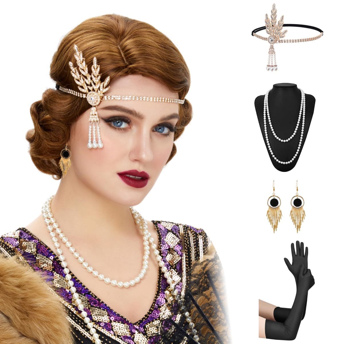 Photo 1 of STfantasy Short Brown 20S Flapper Wig with Headband+ Necklace+Earrings+Gloves Flapper Wave Curly Synthetic Hair for Women 1920s Cosplay Costume Halloween Party Daily Everyday Wear
