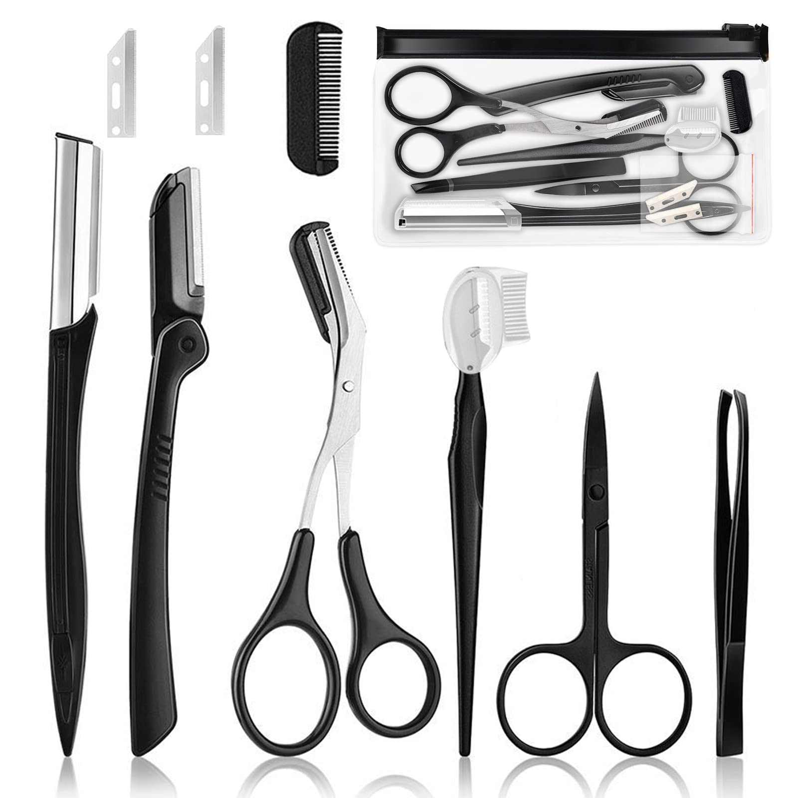 Professional Eyebrow Care Set - 9 Piece Trimming Kit, Stainless Steel Tweezers, Small Scissors, Eyebrow Scraper for Men and Women
