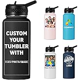 Personalized 32oz Water Bottle, Insulated Sport Water Bottle with Leak-proof Lid, Custom Water Bottle with Photo, Text, Logo, Print in USA, Black, 1 Pack