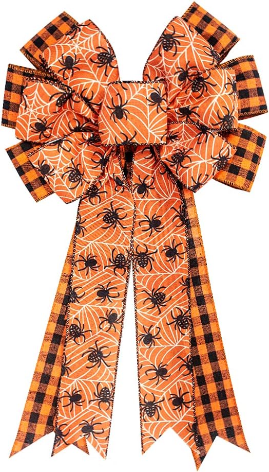 Bows & Ribbons - Large Halloween Bows for Wreath, Halloween Spider Wreath Bow Black Red Buffalo Plaid Bows Orange Burlap Bow Halloween Tree Topper Bows for Front Door Indoor Outdoor Halloween Decoration Supplies