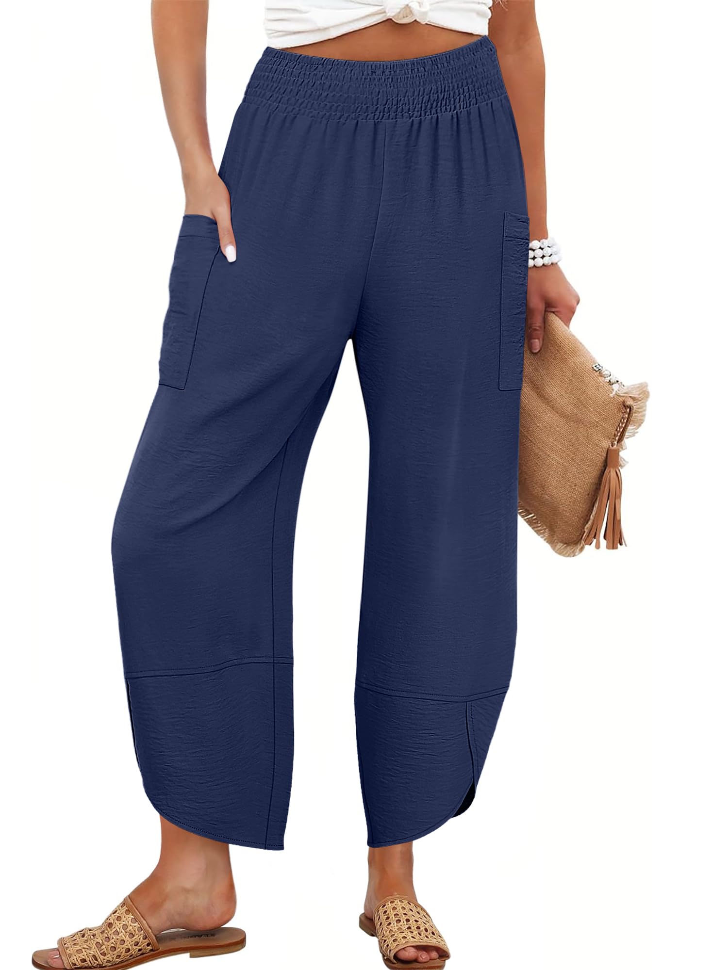 Photo 1 of ANRABESS Womens Wide Leg Palazzo Capri Pants 2025 Summer Casual Loose High Waisted Lounge Flowy Cropped Beach Work Trousers Navy Blue Small