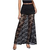 BEAUDRM Women's Lace Maxi Skirts Y2k Ruched Sheer Mesh Drop Waist Long Skirt