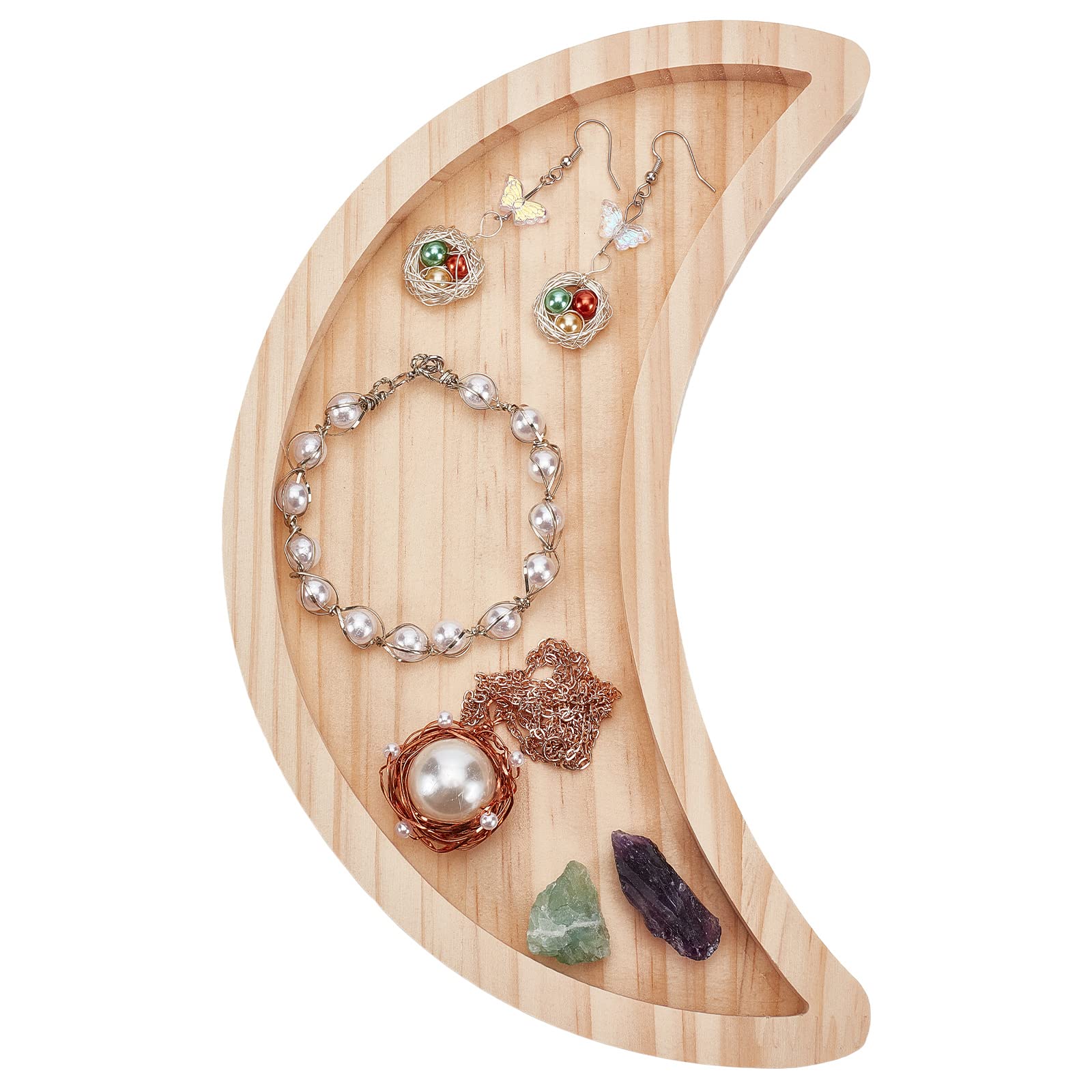 GORGECRAFT Moon Wooden Crystal Holder Tray for Crystals Stones 9.45x5.7 Inch Moon Shape Decorative Cosmetic Trays Jewelry Display Organizer Crescent Trinket Dish Home Ornament Storage Accessories