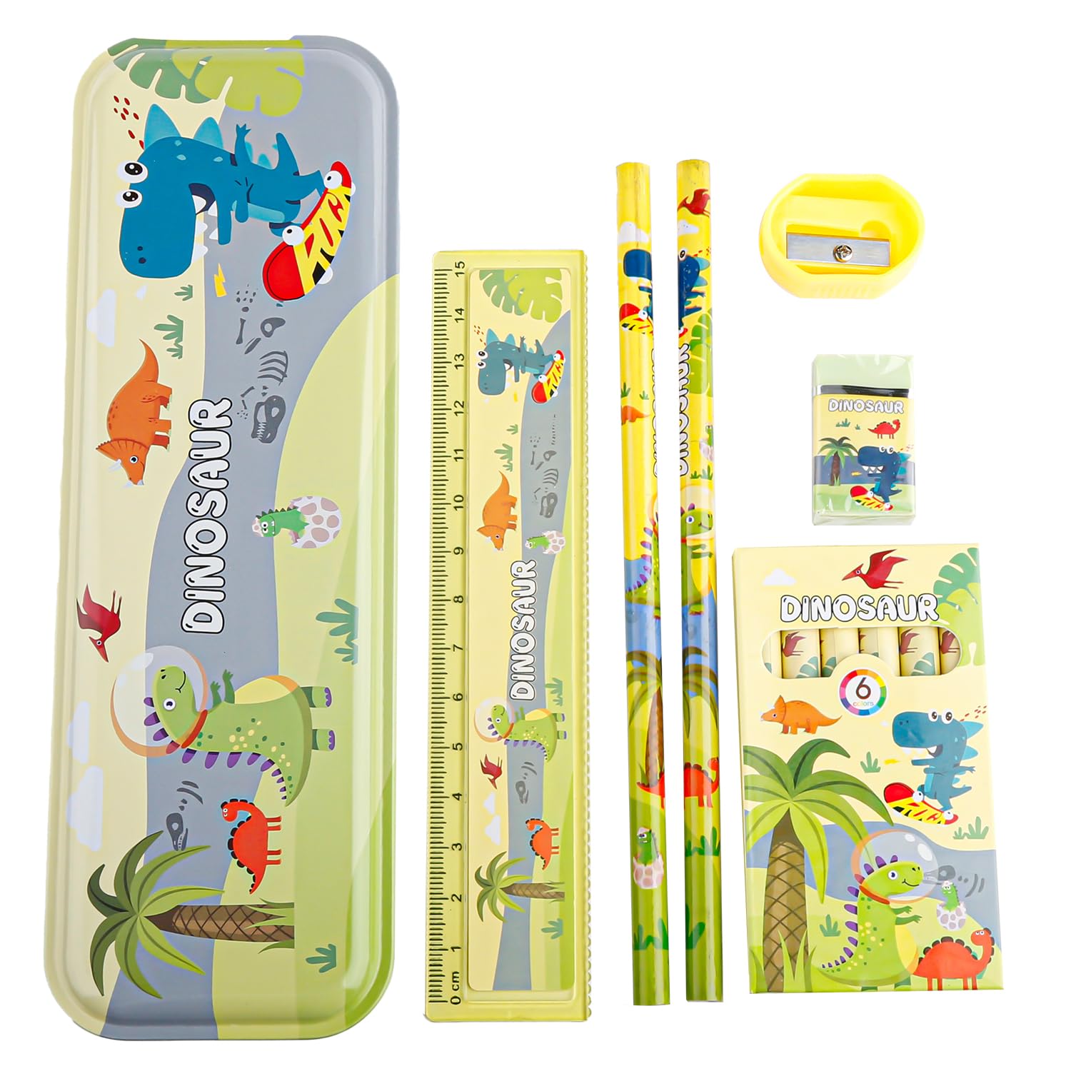 Rumyve Stationery Gift Set for Children - Dinosaur Theme Pencil Case, Writing Supplies, 6 Crayons, Ruler, Eraser, Sharpener