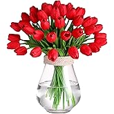 Deorok 30 Pcs Fake Latex Tulips Artificial Flowers Faux Tulip Stems Real Touch Tulips for Wedding Party Home Decoration (Red)