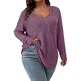 Koscacy Women Plus Size Casual Knit Sweater with Pocket V Neck Solid Color Tops Lightweight Long Sleeve Blouses