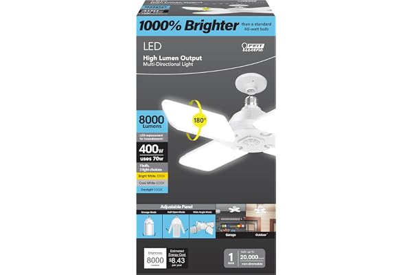 Feit Electric LED Garage Light, Multiple Adjustable Panels, E26 Base, Ideal for Garage, Workshop, Shed, 25,000-Hour Lifetime