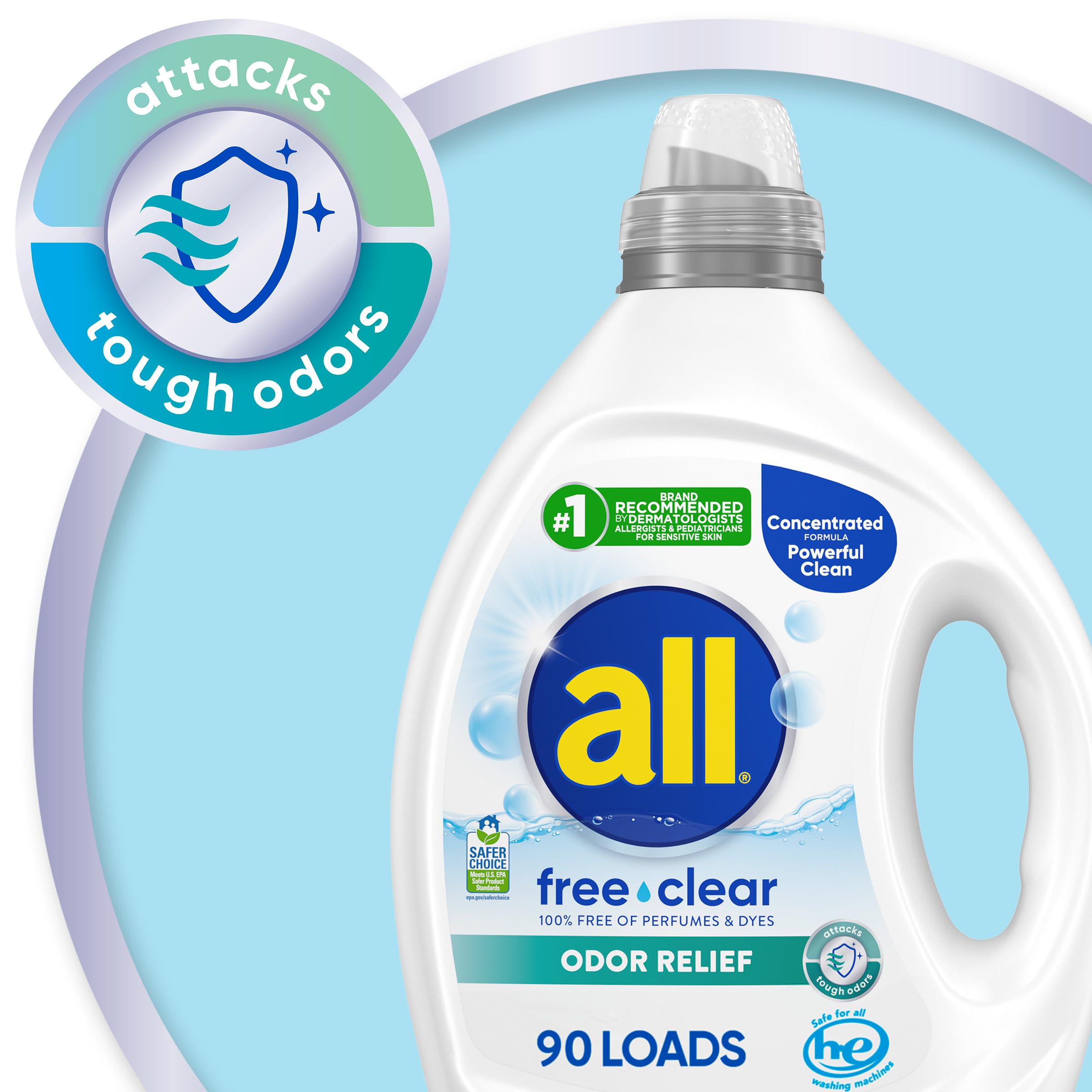 all Laundry Detergent Liquid, Free Clear for Sensitive Skin, Odor Relief, Unscented and Hypoallergenic, 2X Concentrated, 90 Loads