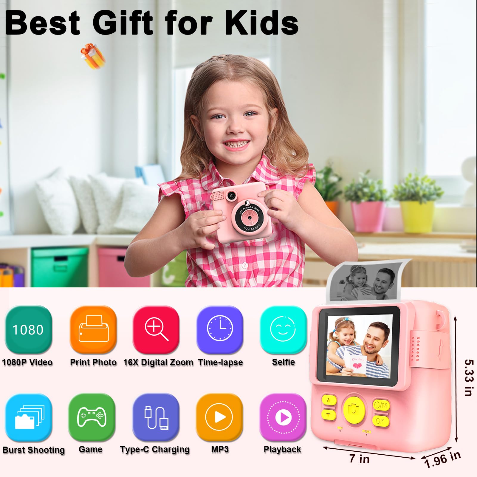 GKTZ Instant Print Camera for Kids - 1080P HD Instant Print Photo - Christmas Birthday Gifts for Age 4 5 6 7 8 9 10 Girls Boys - Portable Toy with 3 Rolls Photo Paper, 5 Color Pens, 32GB Card - Pink