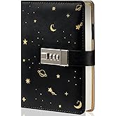 TIEFOSSI Starry Leather Journal with Lock, Refillable Paper Binder Password Diary, Secret A6 Writing Hardcover Notebook for Women Girls Boys, 5.12 X 7.28 Inch