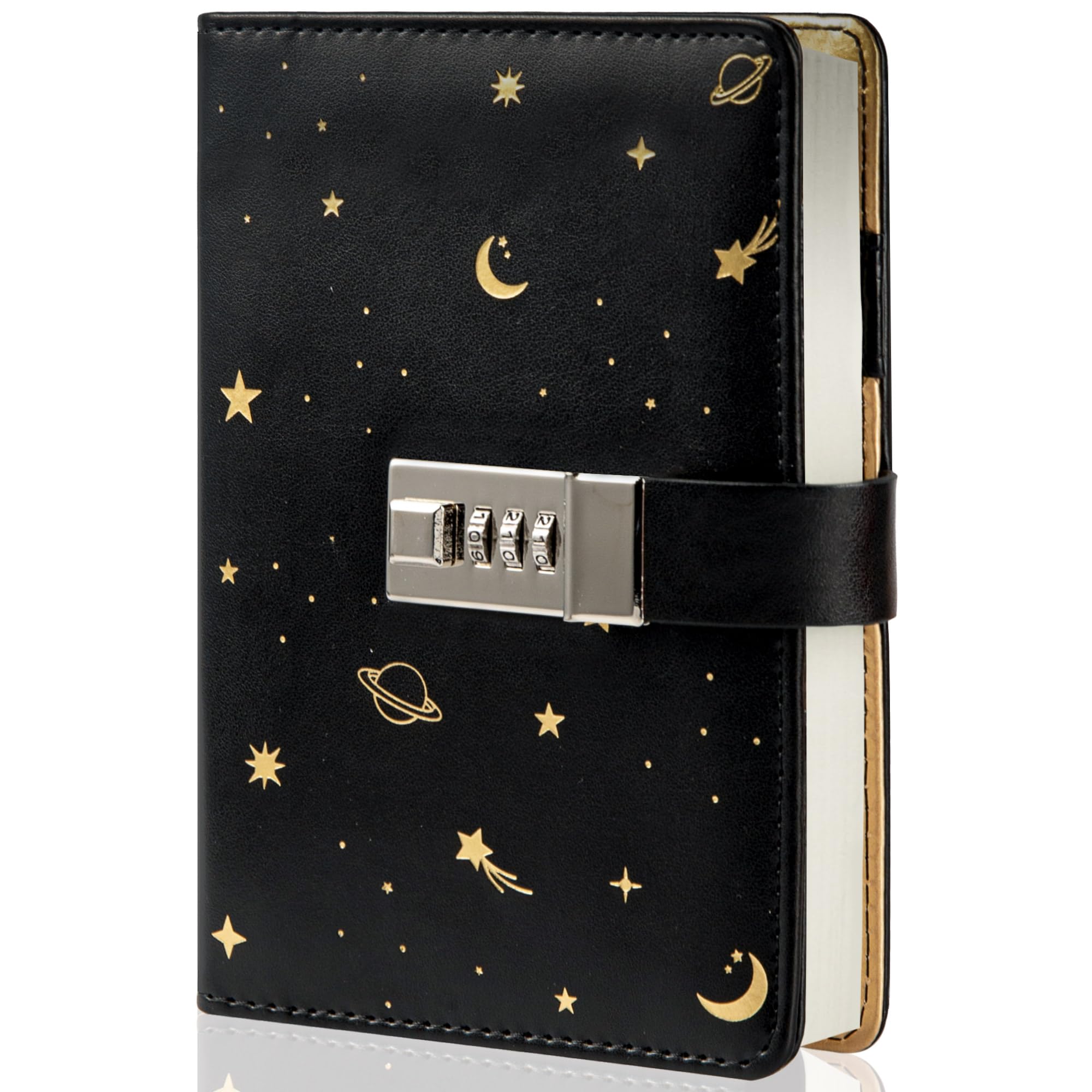 Starry Leather Journal with Lock, Refillable Paper Binder Password Diary, Secret A6 Writing Hardcover Notebook for Women Girls Boys, 5.12 X 7.28 Inch