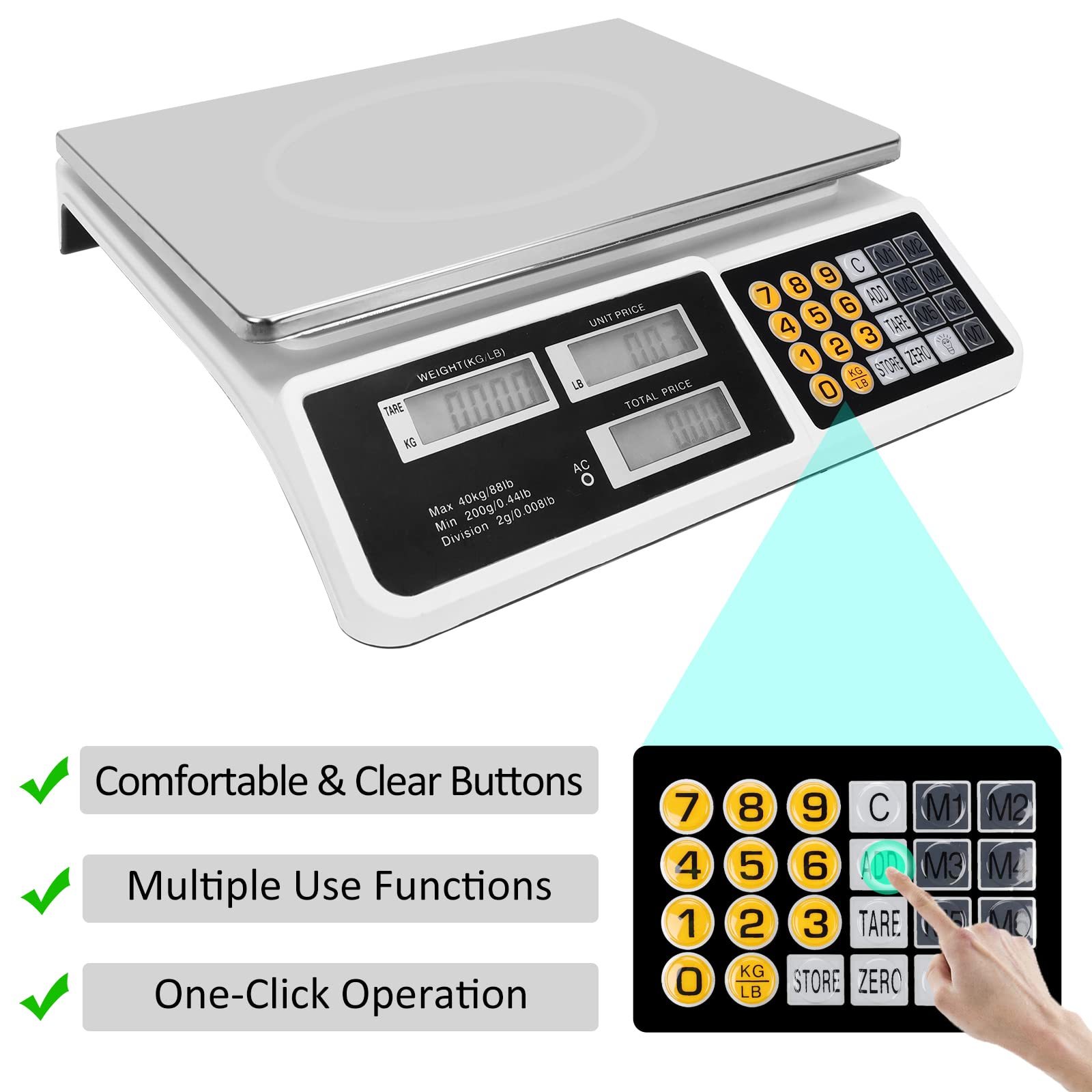 Price Computing Scale 88lb/40kg LCD Digital Commercial Price Scale with Stainless Steel Platform,Produce Scale & Food Scale for Farmers Market, Retail Outlets, Meat Shop (Flat Plate)