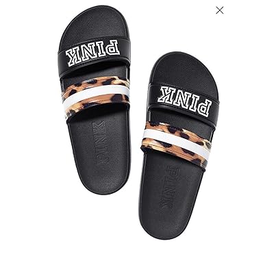 Victoria S Secret Pink Double Strap Slides Sandals Black Leopard