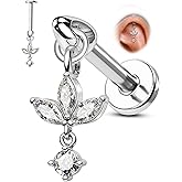 COCHARM 16G Flower Cartilage Earring Vertical Helix Piercing Jewelry, Flat Back Piercing Stud for Cartilage, Dangle Design, Gold and Silver Tone Lobe Helix Earring Stud