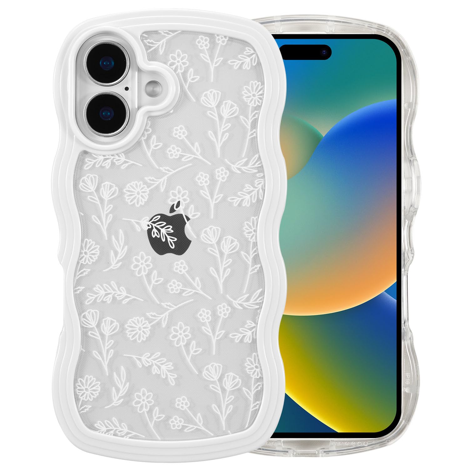 QLTYPRI for iPhone 16 Case, Cute Curly Wave Frame Clear Case for Girls Women, Flower Clear TPU Bumper Slim Soft Silicone Shockproof Protective Phone Cover for iPhone 16 - White Floral/White