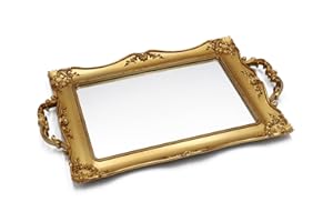 Tstarer Antique Decorative Gold Framed Square Mirror Tray, Jewelry & Cosmetics Organizer for Dresser, Square - 9.5" W x 14.5" L (Golden)