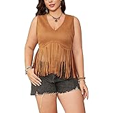 SHENHE Women's Plus Size Y2K Fringe Tank Top Faux Suede V Neck Sleeveless 70s Hippie Cowgirl Crop Top