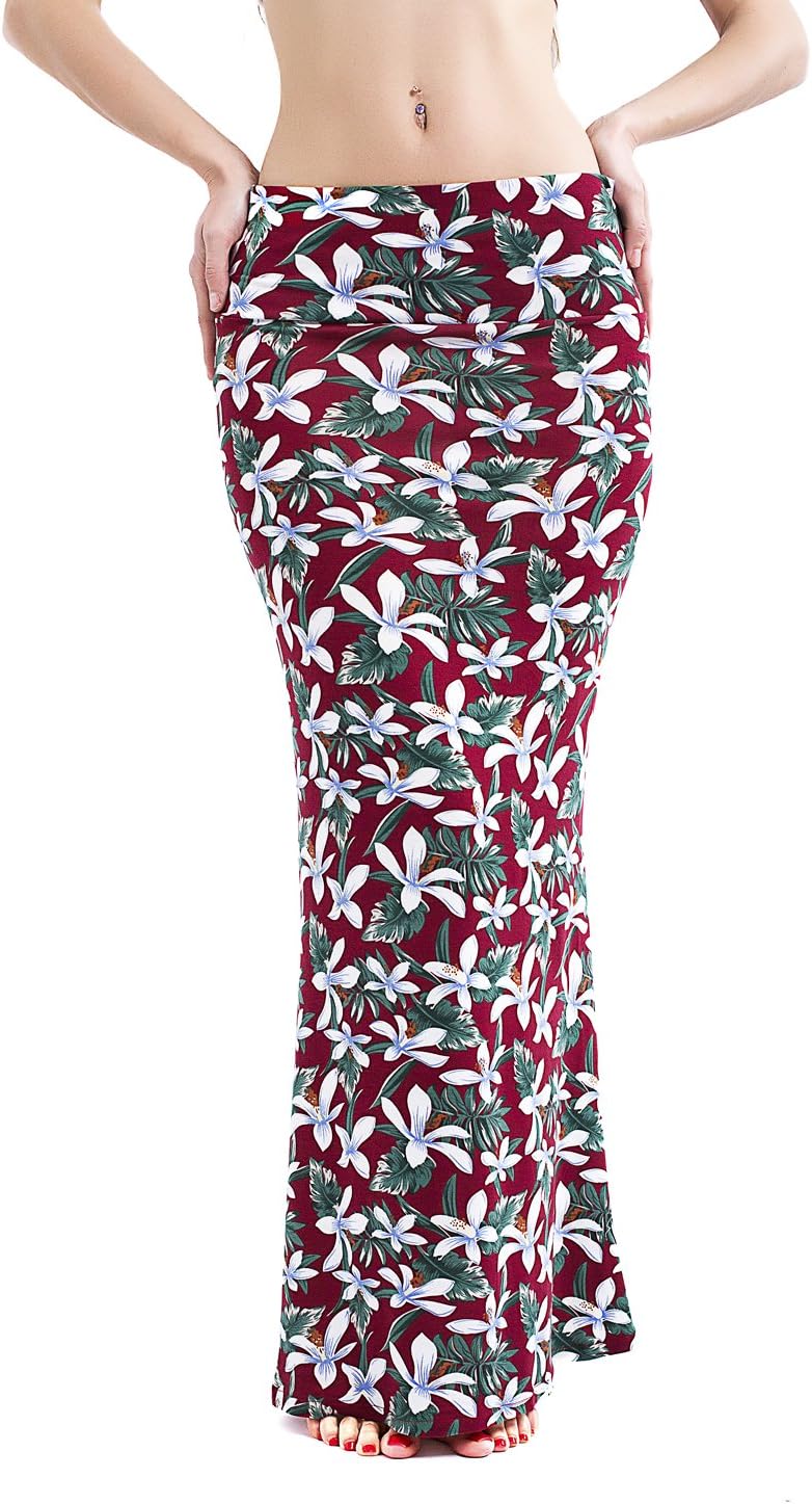 Deeyomi Women's High Waist Knit Casual Fold Over A-Line Maxi Skirt