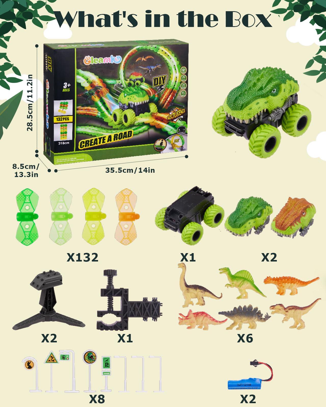 GleamKid 154PCS Rechargeable Car Track Toy Set, Glow Race Track, Flexible Car Tracks, Dinosaur Track Set Glow in The Dark, Race Train Track Toy for 3 4 5 6 7 8 Year Old Boys Gifts, 2*800mAh Batteries