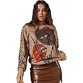 WDIRARA Women's Figure Graphic Print Sweatshirt Round Neck Long Sleeve Contrast Color Graffiti Pullovers