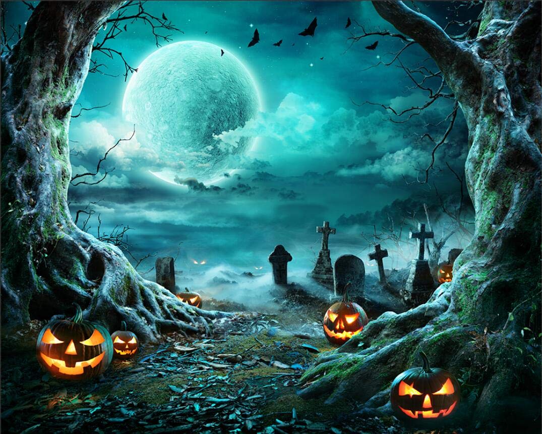 Haosphoto 7X5FT Halloween Backdrop for Photography Halloween's Carnival Night Backdrops Pumpkin Grimace Cemetery Spooky Forest All Saints' Day Background for Hallowmas Party Photo Studio Props HS297