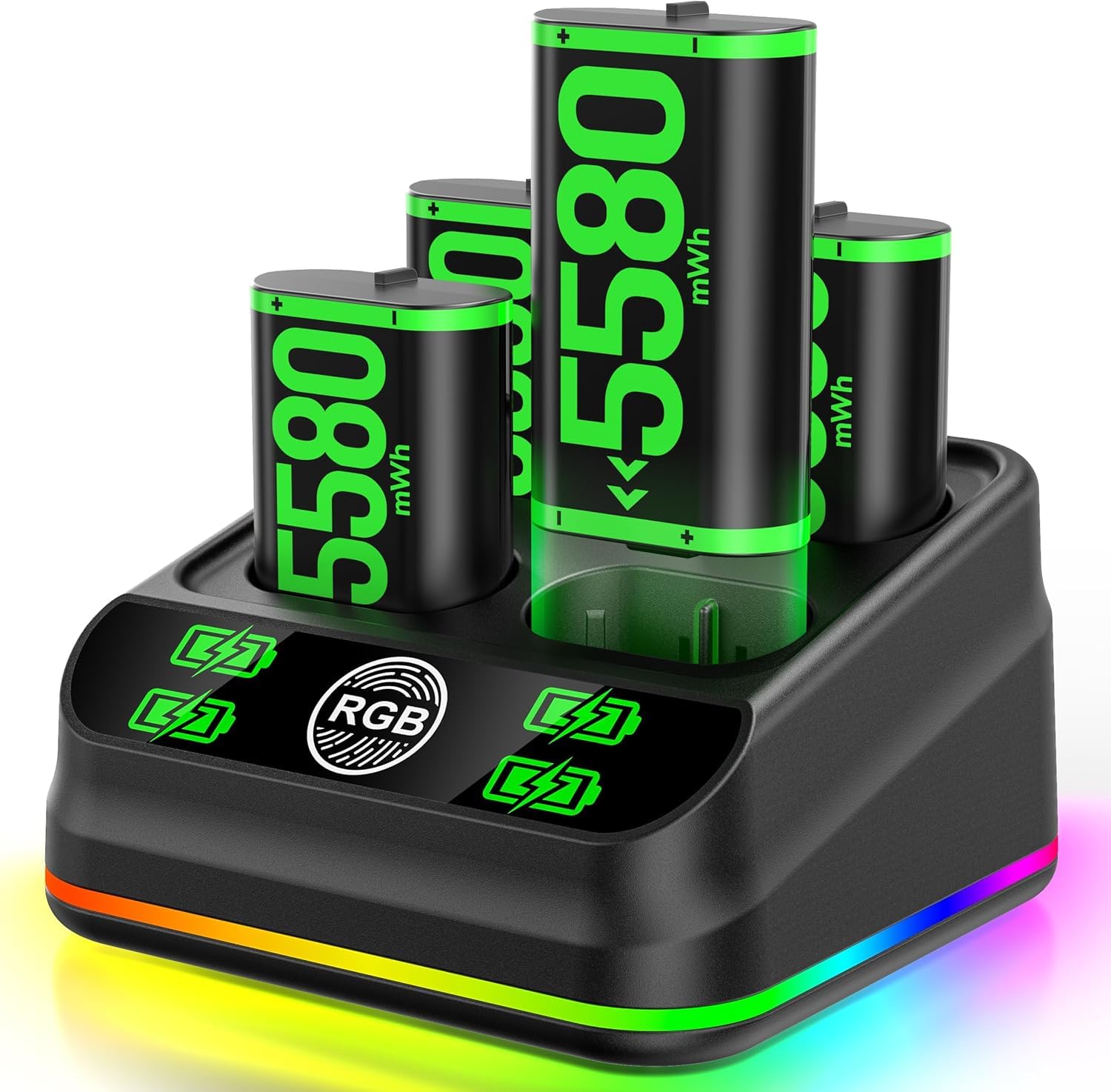LVVIL Charger with 4 x 5580mWh Rechargeable Battery Pack for Xbox One X|S/Series X|S Controller, Rechargeable Batteries Charger Station for Xbox Controllers with RGB Lighting