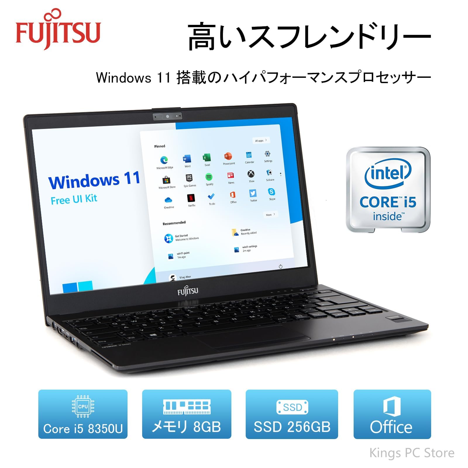 Fujitsu Laptop FUJITSU LIFEBOOK U938 Intel Core i5-8350U (1.7 GHz) / SSD / Windows 11 office / Thin / Capacity/ Chromebook FHD 1920 x 1080 / 13.3 inch Fingerprint Authentication / HDMI / Web Camera /